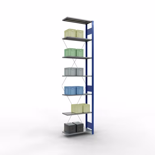 Anbauregal, Fachbodenregal Stecksystem MULTIplus150, 3000 x 750 x 300 mm (HxBxT), 7 Fachböden, Kreuzstrebe, RAL 5010 enzianblau/verzinkt/verzinkt von Schulte Lagertechnik mit der Artikelnr. 12737-75-B