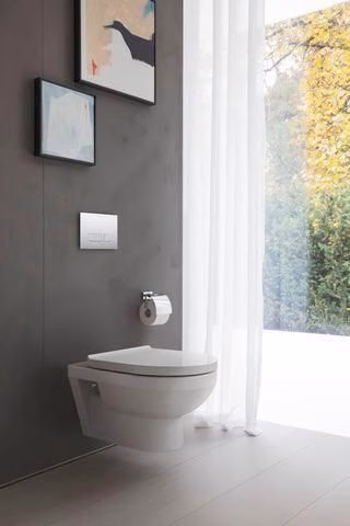 Abattant de toilette blanc Duravit n° 1 avec mécanisme de fermeture amortie et charnières en acier inoxydable.