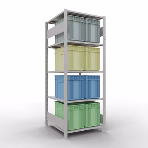 Grundregal, Fachbodenregal Stecksystem MULTIplus150, 2000 x 750 x 800 mm (HxBxT), 5 Fachböden, Längenriegel, RAL 7035 lichtgrau mit der GTIN 4004514293428 Grundregal, Fachbodenregal Stecksystem MULTIplus150, 2000 x 750 x 800 mm (HxBxT), 5 Fachböden, Längenriegel, RAL 7035 lichtgrau von Schulte Lagertechnik mit der Artikelnr. 32680-75-LR