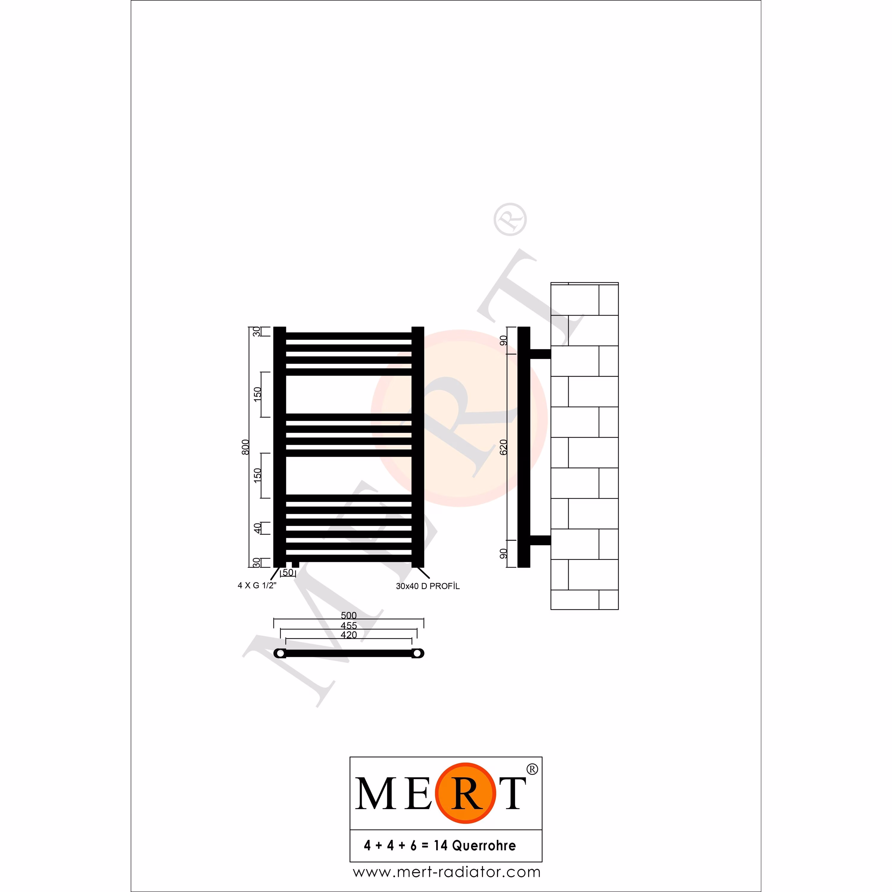 MERT Austausch Badheizkörper AU, weiß, 500x800mm, 50 mm Mittelanschluss unten versetzt