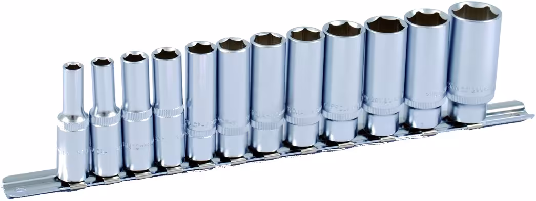 3/8" doppenset op rail 12-delige diepe moeren van PROJAHN Dopsleutelrail uitgerust metrisch 10, dopsleutelsets & losse onderdelen, art.nr. 4212