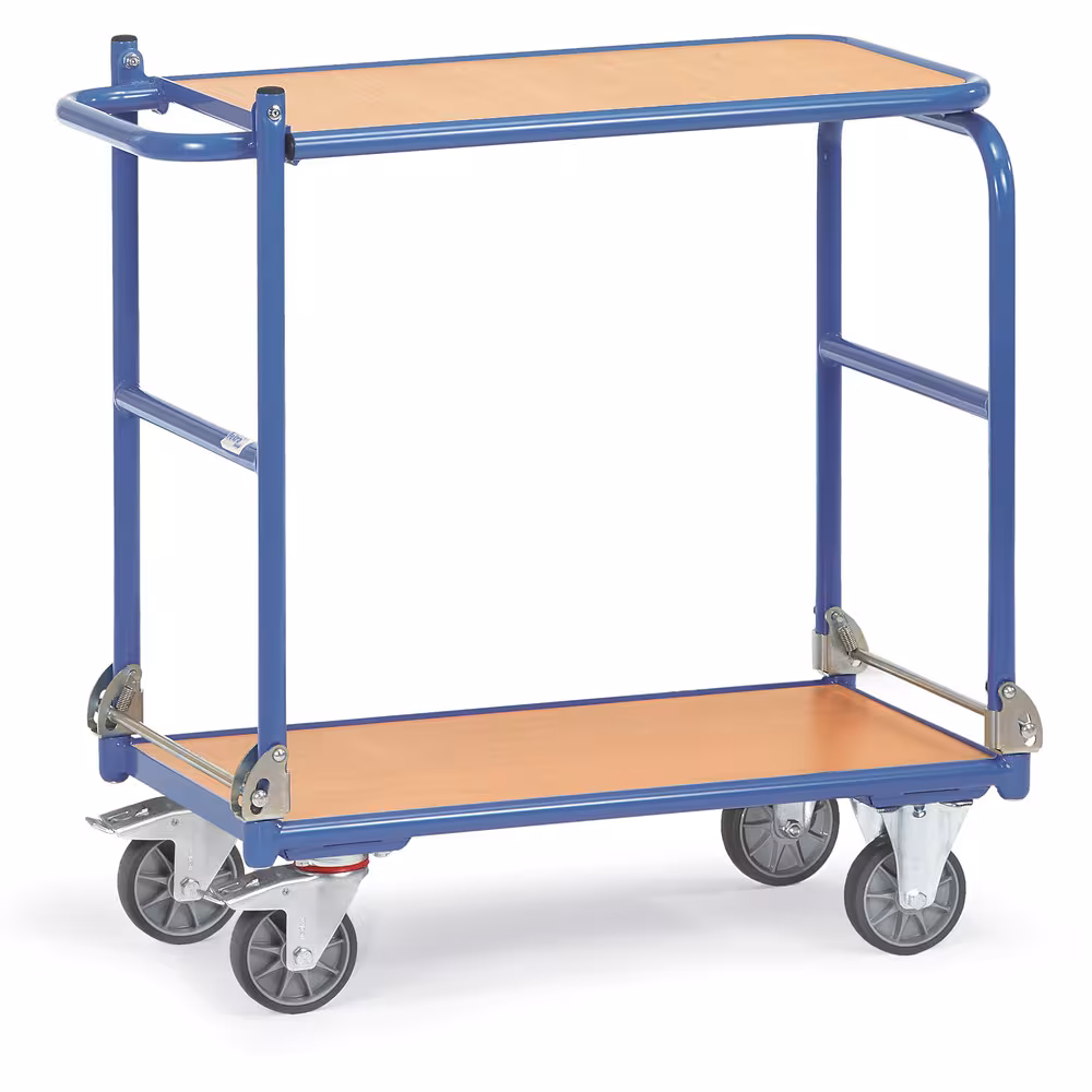 Klapp-Tischwagen brillantblau RAL 5007, Ladefläche aus Holzwerkstoffplatte, Oberfläche Buchendekor Ausführung Ladeflächenbreite: 450 mm mit der GTIN 4017976011400 Klapp-Tischwagen 1140 Breite 450 mm, Länge 720 mm von Fetra mit der Artikelnr. 1140