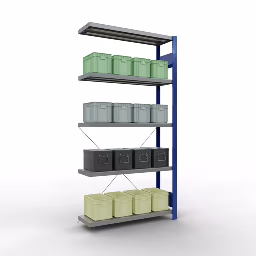 Produktbild Nr 12 des Artikels Anbauregal, Fachbodenregal Stecksystem MULTIplus330, 2000 x 1000 x 300 mm (HxBxT), 5 Fachböden, Kreuzstrebe, RAL 5010 enzianblau/verzinkt Abbildung Nr 12 des Artikels Anbauregal, Fachbodenregal Stecksystem MULTIplus330, 2000 x 1000 x 300 mm (HxBxT), 5 Fachböden, Kreuzstrebe, RAL 5010 enzianblau/verzinkt aus der Produktgruppe Stecksystem von der Marke Schulte Lagertechnik