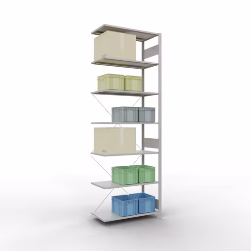Anbauregal, Fachbodenregal Stecksystem MULTIplus85, 3000 x 1000 x 500 mm (HxBxT), 7 Fachböden, Kreuzstrebe, RAL 7035 lichtgrau von der Marke Schulte Lagertechnik aus der Produktreihe Stecksystem