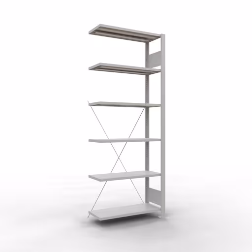 Anbauregal, Büro-Fachbodenregal Stecksystem MULTIplus85, 2000 x 750 x 300 mm (HxBxT), 6 Fachböden, Kreuzstrebe, ohne Anschlagleiste, lichtgrau aus der Kategorie Stecksystem mit der Artikelnummer 36027