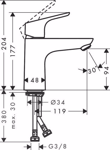 Technische Zeichnung 4027233 Hansgrohe Einhebel-Waschtischmischer FOCUS Nennweite 15 ohne Ablaufgarnitur chrom