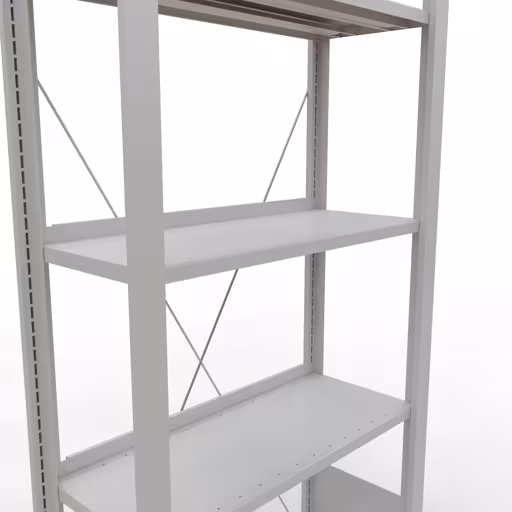 Grundregal, Büro-Fachbodenregal Stecksystem MULTIplus85, 1800 x 750 x 300 mm (HxBxT), 5 Fachböden, Kreuzstrebe, mit Anschlagleiste, lichtgrau von Schulte Lagertechnik aus der Kategorie Büroregale