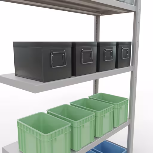 Abbildung Nr 12 des Artikels Anbauregal, Fachbodenregal Stecksystem MULTIplus250, 2000 x 1000 x 400 mm (HxBxT), 5 Fachböden, Längenriegel, RAL 7035 lichtgrau aus der Produktgruppe Stecksystem von der Marke Schulte Lagertechnik