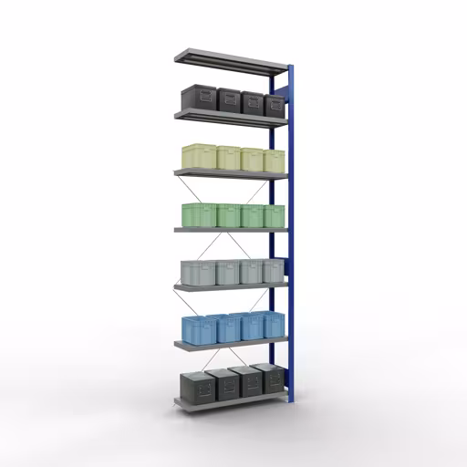 Andere Ansicht des Artikels Anbauregal, Fachbodenregal Stecksystem MULTIplus250, 3000 x 1000 x 300 mm (HxBxT), 7 Fachböden, Kreuzstrebe, RAL 5010 enzianblau/verzinkt aus der Kategorie Stecksystem