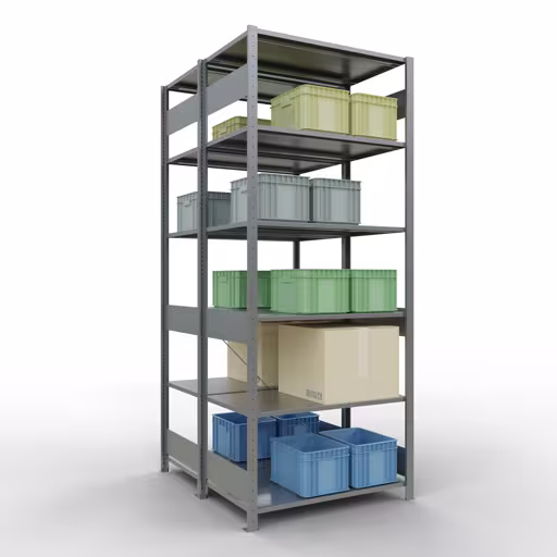 Produktbild Nr 12 des Artikels Grundregal, Doppelregal, Fachbodenregal Stecksystem MULTIplus150, 2500 x 1000 x (2x600) mm (HxBxT), 2x6 Fachböden, Kreuzstrebe, verzinkt Abbildung Nr 12 des Artikels Grundregal, Doppelregal, Fachbodenregal Stecksystem MULTIplus150, 2500 x 1000 x (2x600) mm (HxBxT), 2x6 Fachböden, Kreuzstrebe, verzinkt aus der Produktgruppe Fachbodenregale von der Marke Schulte Lagertechnik