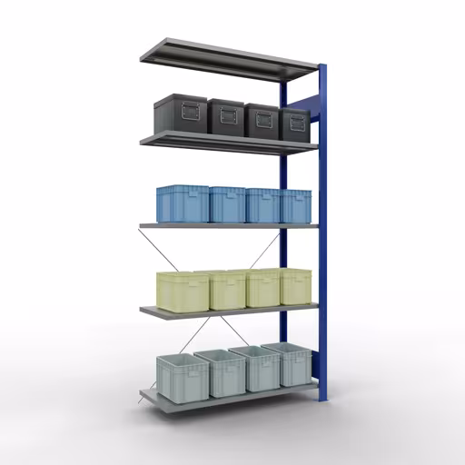 Abbildung Nr 8 des Artikels Anbauregal, Fachbodenregal Stecksystem MULTIplus85, 2000 x 1000 x 400 mm (HxBxT), 5 Fachböden, Kreuzstrebe, RAL 5010 enzianblau aus der Produktgruppe Stecksystem von der Marke Schulte Lagertechnik