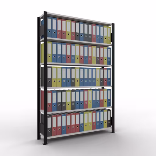 Abbildung Nr 7 des Artikels Grundregal, Büro-Fachbodenregal Stecksystem MULTIplus85, 2000 x 1300 x 300 mm (HxBxT), 6 Fachböden, Kreuzstrebe, ohne Anschlagleiste, schwarz/lichtgrau aus der Produktgruppe Büroregale von der Marke Schulte Lagertechnik