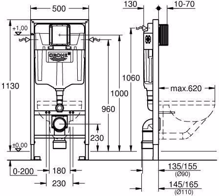 Technische Zeichnung 4071621 WC-Element Rapid SL Bauhöhe 1,13 m, mit Spülstromdrossel Spülkasten GD 2 GROHE