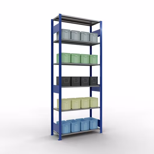 Grundregal, Fachbodenregal Stecksystem MULTIplus85, 2500 x 1000 x 400 mm (HxBxT), 6 Fachböden, Längenriegel, RAL 5010 enzianblau von der Marke Schulte Lagertechnik aus der Produktreihe Stecksystem
