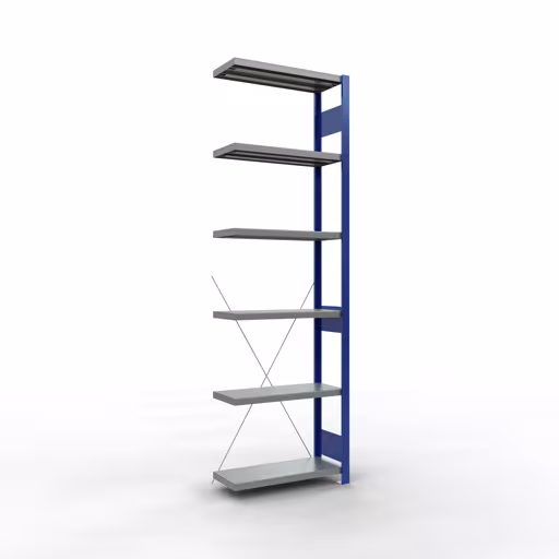 Anbauregal, Fachbodenregal Stecksystem MULTIplus250, 2500 x 750 x 300 mm (HxBxT), 6 Fachböden, Kreuzstrebe, RAL 5010 enzianblau/verzinkt/verzinkt von der Marke Schulte Lagertechnik Anbauregal, Fachbodenregal Stecksystem MULTIplus250, 2500 x 750 x 300 mm (HxBxT), 6 Fachböden, Kreuzstrebe, RAL 5010 enzianblau/verzinkt/verzinkt aus der Kategorie Anbauregal mit der Artikelnummer 12936-75-B