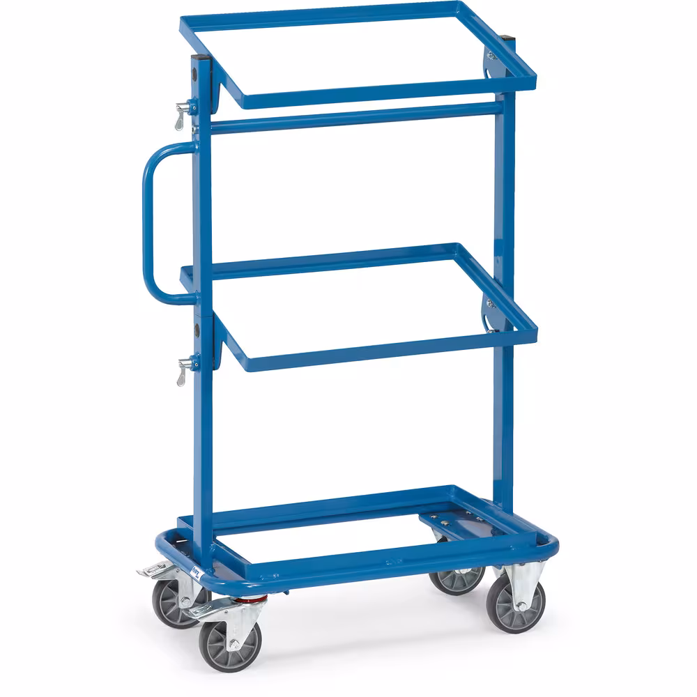 Beistellwagen 32910 - offener Rahmen blau RAL 5007, 3 offene Rahmen, ohne Platte, obere und mittlere Etagen nach beiden Seiten um 15° und 30° neigbar von der Marke Fetra aus der Produktreihe Transportsysteme