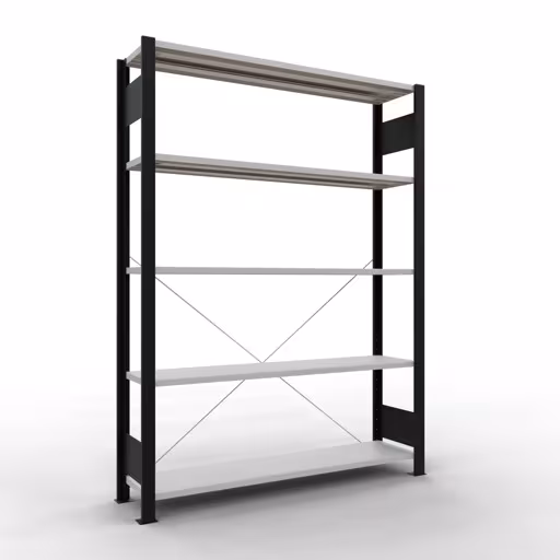 Grundregal, Büro-Fachbodenregal Stecksystem MULTIplus85, 1800 x 1300 x 300 mm (HxBxT), 5 Fachböden, Kreuzstrebe, ohne Anschlagleiste, schwarz/lichtgrau von der Marke Schulte Lagertechnik Grundregal, Büro-Fachbodenregal Stecksystem MULTIplus85, 1800 x 1300 x 300 mm (HxBxT), 5 Fachböden, Kreuzstrebe, ohne Anschlagleiste, schwarz/lichtgrau aus der Kategorie Stecksystem mit der Artikelnummer 36020-S