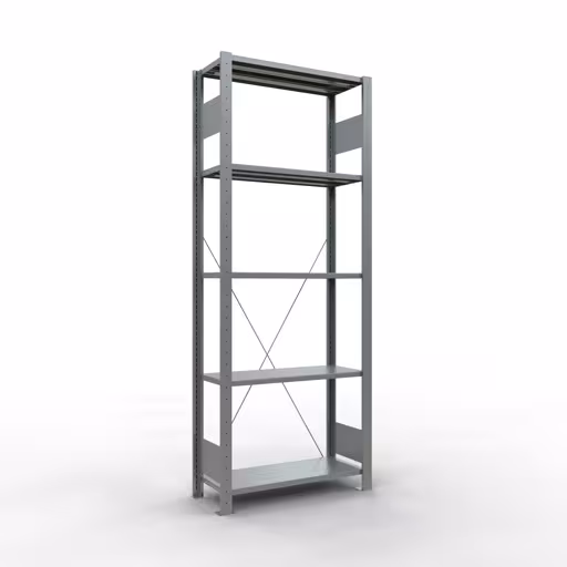 Zusatzbild des Artikels Grundregal, Fachbodenregal Stecksystem MULTIplus150, 2000 x 750 x 300 mm (HxBxT), 5 Fachböden, Kreuzstrebe, verzinkt aus Grundregal