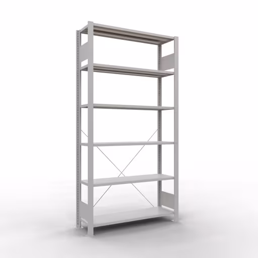 Grundregal, Büro-Fachbodenregal Stecksystem MULTIplus85, 2000 x 1000 x 300 mm (HxBxT), 6 Fachböden, Kreuzstrebe, ohne Anschlagleiste, lichtgrau von der Marke Schulte Lagertechnik Grundregal, Büro-Fachbodenregal Stecksystem MULTIplus85, 2000 x 1000 x 300 mm (HxBxT), 6 Fachböden, Kreuzstrebe, ohne Anschlagleiste, lichtgrau aus der Kategorie Stecksystem mit der Artikelnummer 36025