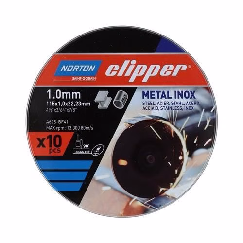 Disque de coupe D115x1,0 mm type 41 métal-acier inoxydable 13 300 tr/min, lot de 10. Tondeuse Norton Clipper. Disque à tronçonner de 22,23 mm de diamètre, NORTON CLIPPER, de la catégorie des disques à tronçonner portant la référence 4206758134