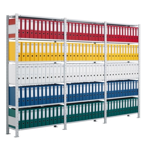 Weitere Ansicht des Artikels Grundregal, Büro-Fachbodenregal Stecksystem MULTIplus150, 2000 x 750 x 600 mm (HxBxT), 6 Fachböden, Längenriegel, mit Mittelanschlag, lichtgrau aus der Kategorie Büroregale