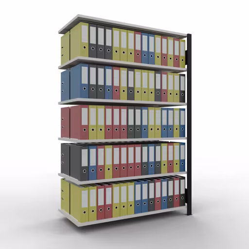 Anbauregal, Büro-Fachbodenregal Stecksystem MULTIplus150, 2000 x 1300 x 600 mm (HxBxT), 6 Fachböden, Längenriegel, ohne Mittelanschlag, schwarz/lichtgrau von der Marke Schulte Lagertechnik aus der Produktreihe Büroregale