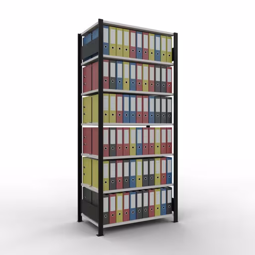 Grundregal, Büro-Fachbodenregal Stecksystem MULTIplus150, 2300 x 1000 x 600 mm (HxBxT), 7 Fachböden, Längenriegel, mit Mittelanschlag, schwarz/lichtgrau von Schulte Lagertechnik mit der Artikelnr. 36049-S