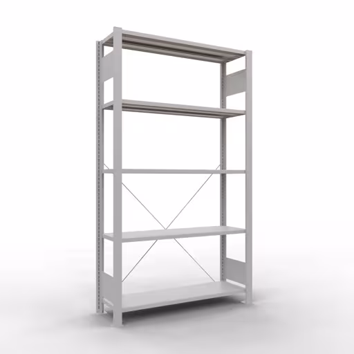 Grundregal, Büro-Fachbodenregal Stecksystem MULTIplus85, 1800 x 1000 x 300 mm (HxBxT), 5 Fachböden, Kreuzstrebe, ohne Anschlagleiste, lichtgrau aus der Kategorie Stecksystem mit der Artikelnummer 36019