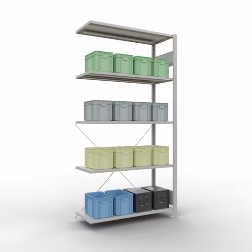 Abbildung Nr 11 des Artikels Anbauregal, Fachbodenregal Stecksystem MULTIplus85, 2000 x 1000 x 400 mm (HxBxT), 5 Fachböden, Kreuzstrebe, RAL 7035 lichtgrau aus der Produktgruppe Stecksystem von der Marke Schulte Lagertechnik