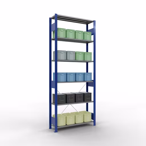 Grundregal, Fachbodenregal Stecksystem MULTIplus150, 2500 x 1000 x 300 mm (HxBxT), 6 Fachböden, Kreuzstrebe, RAL 5010/verzinkt mit der Artikelnr. 12631-B Grundregal, Fachbodenregal Stecksystem MULTIplus150, 2500 x 1000 x 300 mm (HxBxT), 6 Fachböden, Kreuzstrebe, RAL 5010/verzinkt von Schulte Lagertechnik aus der Kategorie Stecksystem