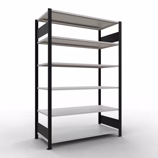 Grundregal, Büro-Fachbodenregal Stecksystem MULTIplus150, 2000 x 1300 x 600 mm (HxBxT), 6 Fachböden, Längenriegel, ohne Mittelanschlag, schwarz/lichtgrau aus der Kategorie Stecksystem mit der Artikelnummer 36062-S