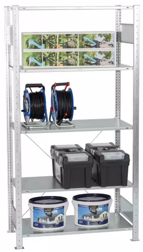 Grundregal, Fachbodenregal Stecksystem MULTIplus150, 2000 x 1000 x 600 mm (HxBxT), 5 Fachböden, Kreuzstrebe, verzinkt - Expressline aus der Kategorie Grundregal mit der GTIN 4058255068630 Grundregal, Fachbodenregal Stecksystem MULTIplus150, 2000 x 1000 x 600 mm (HxBxT), 5 Fachböden, Kreuzstrebe, verzinkt - Expressline von der Marke Schulte Lagertechnik aus der Produktreihe Stecksystem