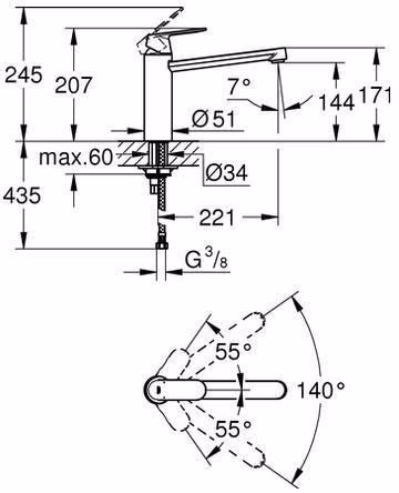 Technische Zeichnung 4061715 GROHE Einhand-Spültischbatterie Eurosmart C 30193 mittelhoher Auslauf chrom