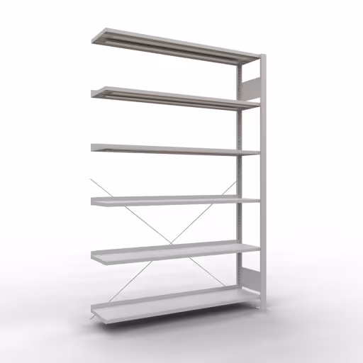 Abbildung Nr 11 des Artikels Anbauregal, Büro-Fachbodenregal Stecksystem MULTIplus85, 2000 x 1300 x 300 mm (HxBxT), 6 Fachböden, Kreuzstrebe, mit Anschlagleiste, lichtgrau aus der Produktgruppe Büroregale von der Marke Schulte Lagertechnik