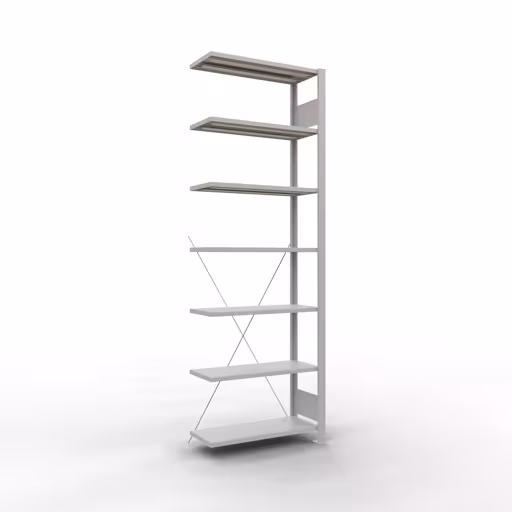 Anbauregal, Büro-Fachbodenregal Stecksystem MULTIplus85, 2300 x 750 x 300 mm (HxBxT), 7 Fachböden, Kreuzstrebe, ohne Anschlagleiste, lichtgrau aus der Kategorie Stecksystem mit der Artikelnummer 36033