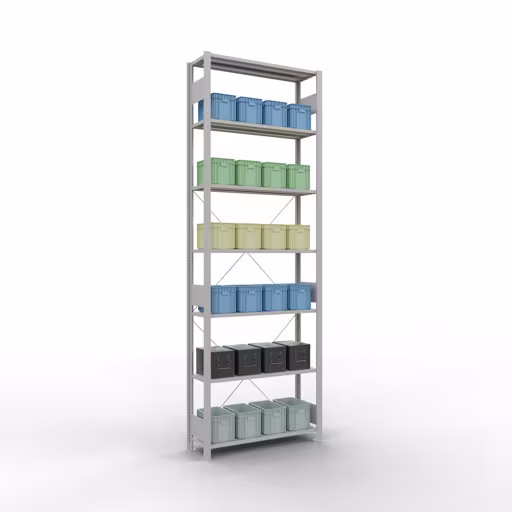 Produktbild Nr 14 des Artikels Grundregal, Fachbodenregal Stecksystem MULTIplus150, 3000 x 1000 x 300 mm (HxBxT), 7 Fachböden, Kreuzstrebe, RAL 7035 lichtgrau Abbildung Nr 14 des Artikels Grundregal, Fachbodenregal Stecksystem MULTIplus150, 3000 x 1000 x 300 mm (HxBxT), 7 Fachböden, Kreuzstrebe, RAL 7035 lichtgrau aus der Produktgruppe Stecksystem von der Marke Schulte Lagertechnik