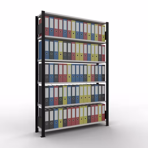 Produktbild Nr 13 des Artikels Grundregal, Büro-Fachbodenregal Stecksystem MULTIplus85, 2000 x 1300 x 300 mm (HxBxT), 6 Fachböden, Kreuzstrebe, mit Anschlagleiste, schwarz/lichtgrau Abbildung Nr 13 des Artikels Grundregal, Büro-Fachbodenregal Stecksystem MULTIplus85, 2000 x 1300 x 300 mm (HxBxT), 6 Fachböden, Kreuzstrebe, mit Anschlagleiste, schwarz/lichtgrau aus der Produktgruppe Büroregale von der Marke Schulte Lagertechnik