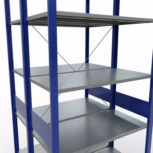 Produktbild Nr.11 des Artikels Grundregal, Doppelregal, Fachbodenregal Stecksystem MULTIplus150, 3000 x 1000 x (2x1000) mm (HxBxT), 2x7 Fachböden, Kreuzstrebe, RAL 5010 enzianblau aus der Produktreihe Fachbodenregale von der Marke Schulte Lagertechnik