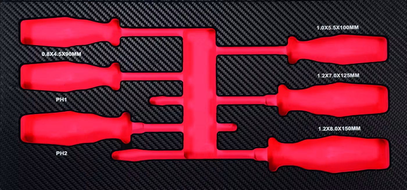 Einlage leer für 6 Schraubendreher von der Marke PROJAHN Einlage Schraubendreher mit Schlagkappe für Kreuzschlitz-Schrauben PH und Schlitz-Schrauben Typ Variante: Einlage leer für 6 Schraubendreher aus der Kategorie Ordnungssysteme & Werkstattwagen mit der Artikelnr. 5999-06E