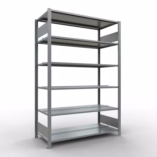 Grundregal, Büro-Fachbodenregal Stecksystem MULTIplus150, 2000 x 1300 x 600 mm (HxBxT), 6 Fachböden, Längenriegel, verzinkt, mit Mittelanschlag aus der Kategorie Stecksystem mit der Artikelnummer 17744