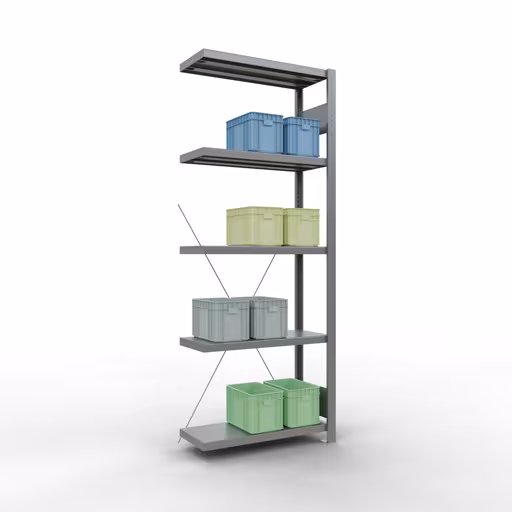 Produktbild Nr.14 des Artikels Anbauregal, Fachbodenregal Stecksystem MULTIplus250, 2000 x 750 x 300 mm (HxBxT), 5 Fachböden, Kreuzstrebe, verzinkt aus der Produktreihe Stecksystem von der Marke Schulte Lagertechnik