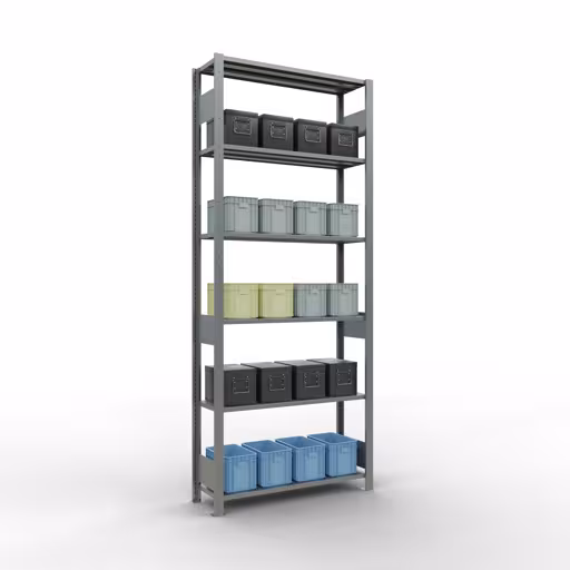 Produktbild Nr 14 des Artikels Grundregal, Fachbodenregal Stecksystem MULTIplus85, 2500 x 1000 x 300 mm (HxBxT), 6 Fachböden, Längenriegel, verzinkt Abbildung Nr 14 des Artikels Grundregal, Fachbodenregal Stecksystem MULTIplus85, 2500 x 1000 x 300 mm (HxBxT), 6 Fachböden, Längenriegel, verzinkt aus der Produktgruppe Stecksystem von der Marke Schulte Lagertechnik