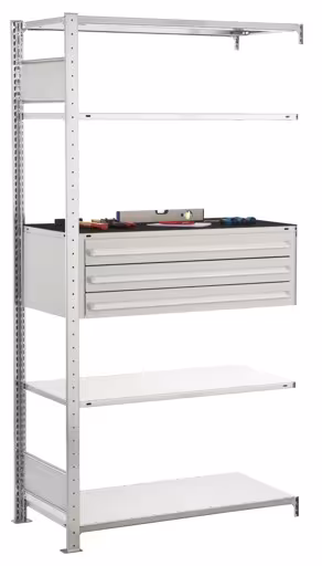 Abbildung Nr 7 des Artikels Anbauregal, Schubladenregal MULTIplus150, 2000 x 1000 x 500 mm (HxBxT), 4 MULTIplus150-Fachböden, 1 Stück 3er Schubladenset, verzinkt aus der Produktgruppe Fachbodenregale von der Marke Schulte Lagertechnik