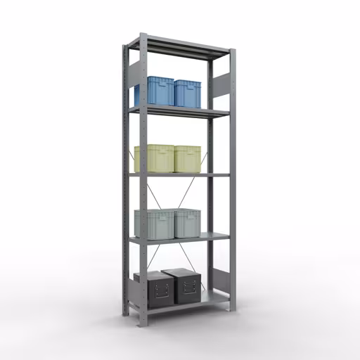 Andere Ansicht des Artikels Grundregal, Fachbodenregal Stecksystem MULTIplus150, 2000 x 750 x 300 mm (HxBxT), 5 Fachböden, Kreuzstrebe, verzinkt aus der Kategorie Stecksystem