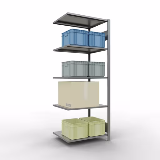 Anbauregal, Fachbodenregal Stecksystem MULTIplus150, 2000 x 750 x 600 mm (HxBxT), 5 Fachböden, Längenriegel, verzinkt mit der GTIN 4004514254627 Anbauregal, Fachbodenregal Stecksystem MULTIplus150, 2000 x 750 x 600 mm (HxBxT), 5 Fachböden, Längenriegel, verzinkt von Schulte Lagertechnik mit der Artikelnr. 12765-75-LR