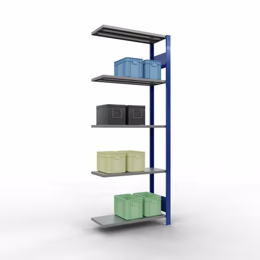 Andere Ansicht des Artikels Anbauregal, Fachbodenregal Stecksystem MULTIplus150, 2000 x 750 x 300 mm (HxBxT), 5 Fachböden, Längenriegel, RAL 5010 enzianblau/verzinkt/verzinkt aus der Kategorie Anbauregal