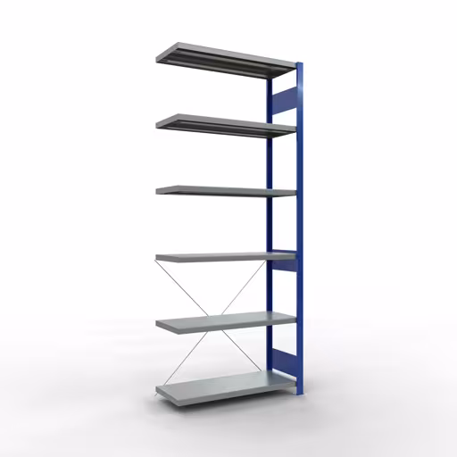 Anbauregal, Fachbodenregal Stecksystem MULTIplus330, 2500 x 1000 x 400 mm (HxBxT), 6 Fachböden, Kreuzstrebe, RAL 5010 enzianblau/verzinkt aus der Kategorie Anbauregal mit der Artikelnummer 13946-B