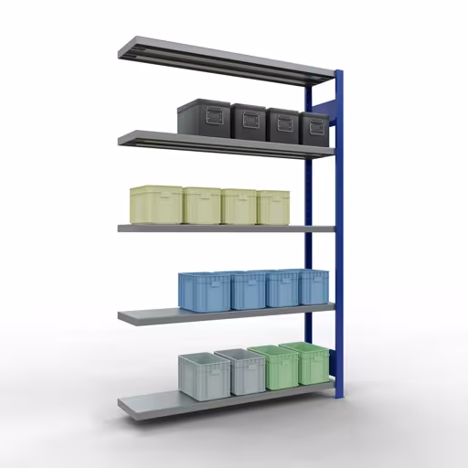 Abbildung Nr 15 des Artikels Anbauregal, Fachbodenregal Stecksystem MULTIplus250, 2000 x 1300 x 300 mm (HxBxT), 5 Fachböden, Längenriegel, RAL 5010 enzianblau/verzinkt aus der Produktgruppe Stecksystem von der Marke Schulte Lagertechnik