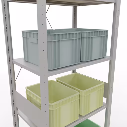 Andere Ansicht des Artikels Grundregal, Fachbodenregal Stecksystem MULTIplus150, 3000 x 750 x 500 mm (HxBxT), 7 Fachböden, Kreuzstrebe, RAL 7035 lichtgrau Andere Ansicht des Artikels Grundregal, Fachbodenregal Stecksystem MULTIplus150, 3000 x 750 x 500 mm (HxBxT), 7 Fachböden, Kreuzstrebe, RAL 7035 lichtgrau aus der Kategorie Stecksystem