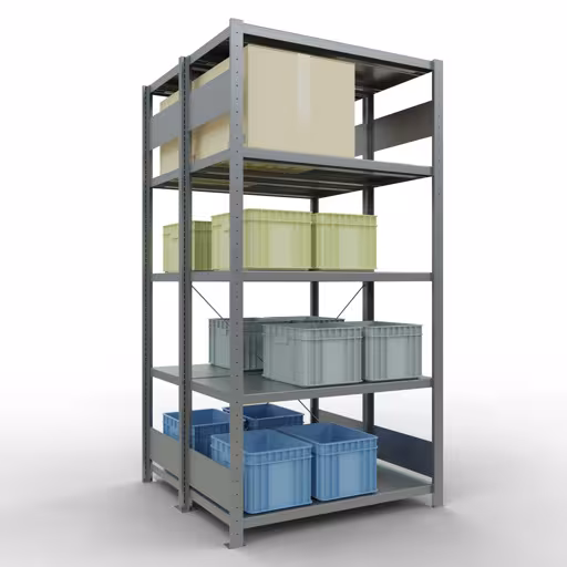 Produktbild Nr.6 des Artikels Grundregal, Doppelregal, Fachbodenregal Stecksystem MULTIplus250, 2000 x 1000 x (2x500) mm (HxBxT), 2x5 Fachböden, Kreuzstrebe, verzinkt aus der Produktreihe Fachbodenregale von der Marke Schulte Lagertechnik